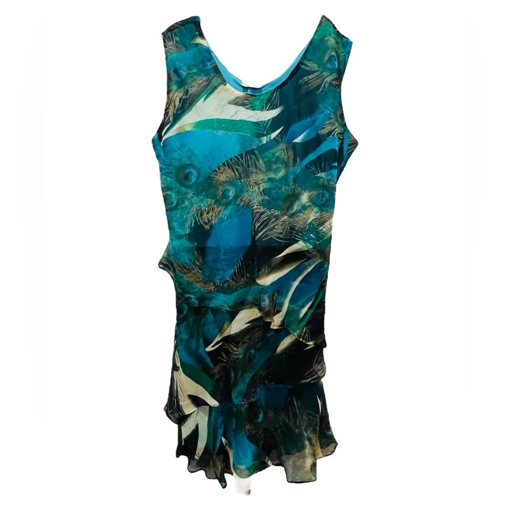 Peacock Print Layered Dress Sheer Overlay Jewel Tone Blues Sleeveless Size 1X